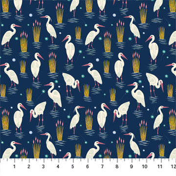 Pond Tales Birds Navy - Figo Fabrics